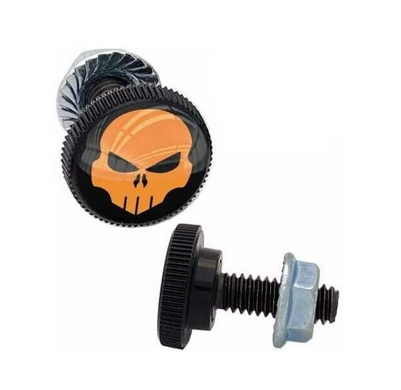 2 SM Black Knurled - License Plate Frame Fastener Tag Bolts - Orange Skull G B Style-9856-3114