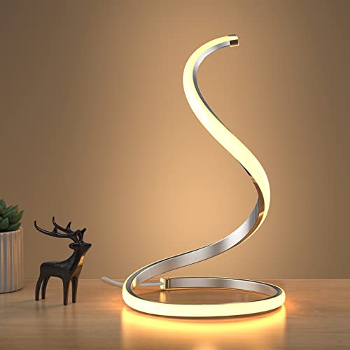 NUÜR Spiral Modern Bedside Lamp (Silver), Stepless Dimmable, 3 Color Temperature, Curved Art Decorative Nightstand/Table Lamp for Bedroom Living Room Office Home