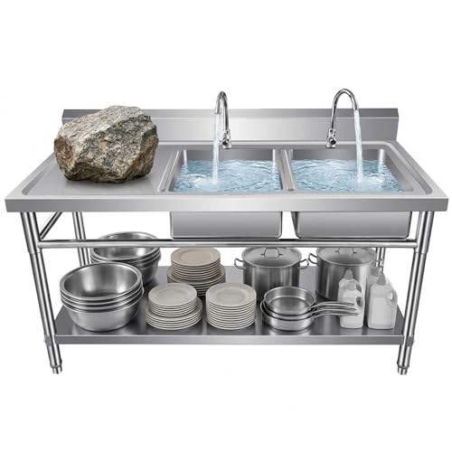 Stainless Steel Double Bowl Sink with Triple Tier Storage Rack, Heavy Duty Industrial Scullery Sink with Integrated Prep Platform, Professional Workstation with High Backsplash