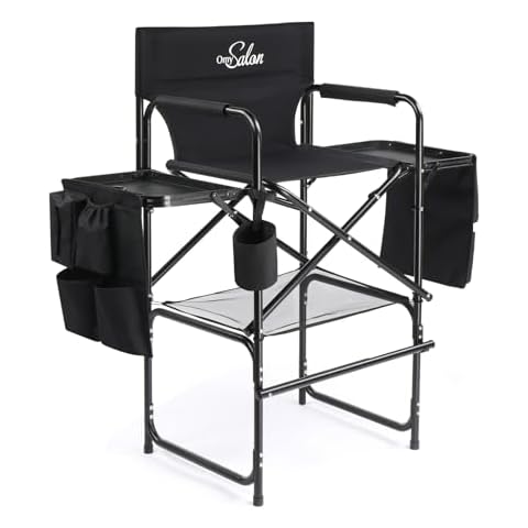 OmySalon Tall Folding Directors Chair with Side Table Storage Bag, Aluminum Frame 300 lbs Capacity, Portable Makeup Artist Bar Height, 19.7" D x 24.6" W x 45.7" H(Black) Cover
