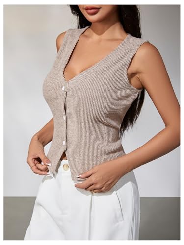 Milumia Women's V Neck Sleeveless Button Down Tank Top Ribbed Knit Fitted Vest Top3