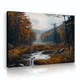 秋の森の小川キャンバスアート風光明媚な風景壁の装飾写真ホームリビングルーム寝室の自然美学ポスター装飾50x70cmインナーフレーム