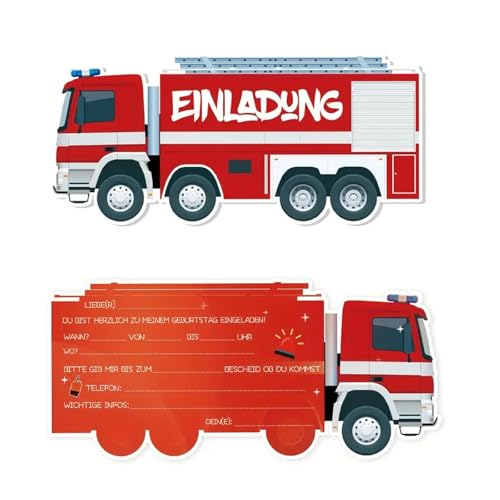 Ovanda 12 Stück Feuerwehr Einladungskarten Kindergeburtstag 15 x 7 cm, Feuerwehrauto Einladungen für Jungen, Kindergeburtstag Feuerwehr, Geburtstag Deko, Party und Mitgebsel