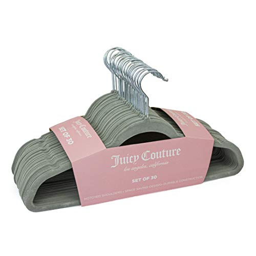 Juicy Couture Velvet Hanger No-Slip (30 Pack Full Size) Grey/ Silver Slim Space Saving Felt for Closet, Ultra-Thin Huggable for All Clothes: Pants, Skirt, Dress, Shirt or Coat