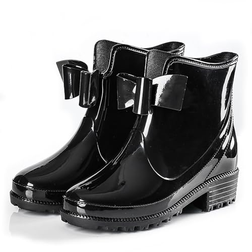 XHOGNLS Women'S Pvc Chunky Platform Rain Boots With V Cutout Bow Fashion Wide Calf Rubber Lug Sole Anti-Slip Yard Farm Work Chelsea Rain Boots Outdoor Slip-On Waterproof Ankle Boots (6,Black)