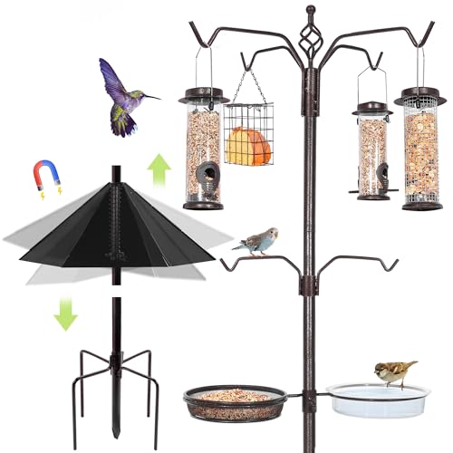 YINGYM 6-Hook Bird Feeding Station Kit, 94 Inch Heavy Duty Bird Feeder Stand Pole for Outdoors Hanging with 4 Feeders, Wide Metal Squirrel Baffle, Attracting Wild Birds