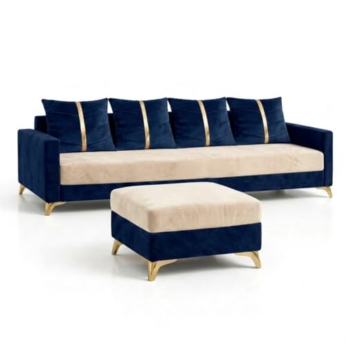 Image of Caviar 5 Seater L Shape Sofa Set with Movable Ottoman | Flexible Layout | Luxury Velvet Suede Fabric | Modern Living Room Sofa | Dark Blue-Cream