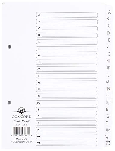 Concord Classic Index Mylar-reinforced Punched 2 Holes A-Z 20-Part A5 White Ref 07301/CS73