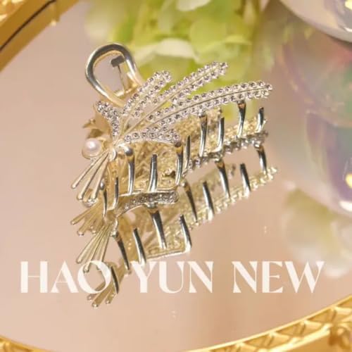 Image of Diversa Rhinestone Golden Claw Clip, Embellished Korean Clutcher, Non- Slip Metal Claw Clip for Girls, Fancy Clutcher for Women, Pack of 1 (Wheat Leaf)