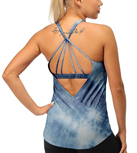 icyzone Built in Bra Workout Tank Tops for Women - Open Back Strappy Athletic Yoga Tops Exercise Running Gym Shirts