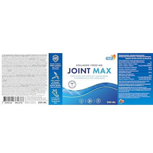 Joint MAX 500ml I Reines hydrolysiertes Kollagen (Typ I, II & III) I Glucosamin, MSM, Chondroitin, Hyaluronsäure I Kurkuma, Vitamin C, I 100% natürlicher Geschmack I Zuckerfrei - 20 Tage Vorrat