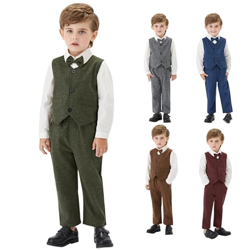 Boys Gentleman Formal Outfit for Kids 3 Piece Sleeveless Button Down Vest Long Sleeve Shirts Elastic Waist Pants Set