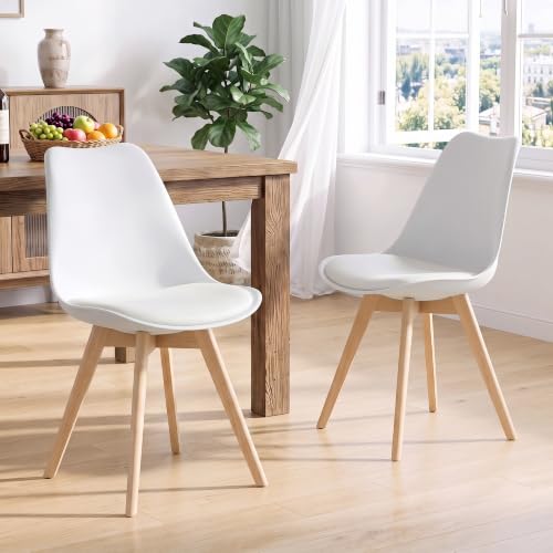 NOBPEINT Mid Century Modern Dining Chairs Set of 2, PU Leather Upholstered Shell Chairs with Curved Backrest, Plastic Kitchen Lounge Chair for Dining Room Apartment, White