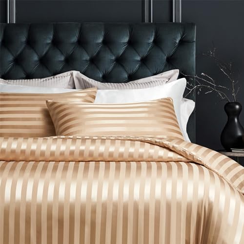 YASMENG Funda de Edredón de Satén 220x240 Beige Oro Rayado Brillante Deluxe Juego de Cama de Satén Suave de Seda de Soja Ropa de Cama para 2 Personas Adultas con Cremallera con Fundas de Almohada - imagen 2