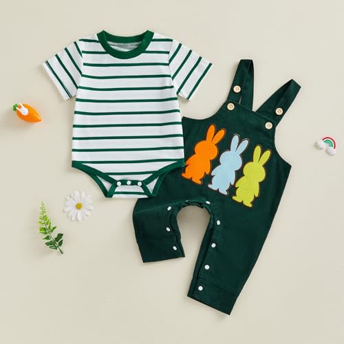 Image of Bay Boy Easter Outfit Newborn Striped Bodysuit Bunny Carrot Overalls Pants Set Infnat Cute Spring Summer Clothes