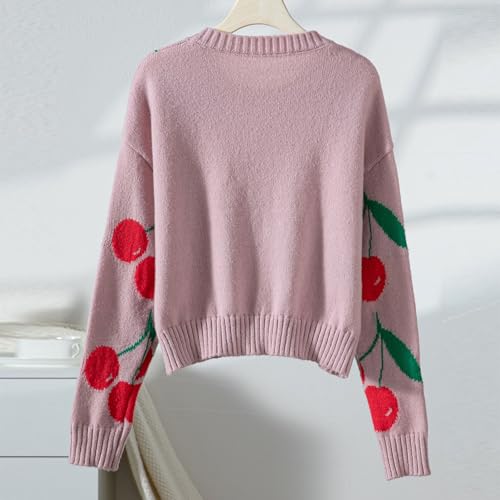 Women Cute Cherry Sweaters Crewneck Long Sleeves Fall Winter Warm Knit Pullover Sweater Tops4