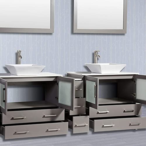 Vanity Art 84 Inch Double Sink Bathroom Vanity Compact Set 3 Cabinets 2 Shelves 7 Dove-Tailed Drawers Quartz Top And Ceramic Vessel Sink Bathroom Cabinet With Free Mirror Va3136-84-G #TOP4