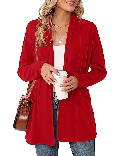 Micoson Women's Summer Lightweight Cardigan Long Sleeve Cardigan Sweaters With Pockets Open Cover Up Red L