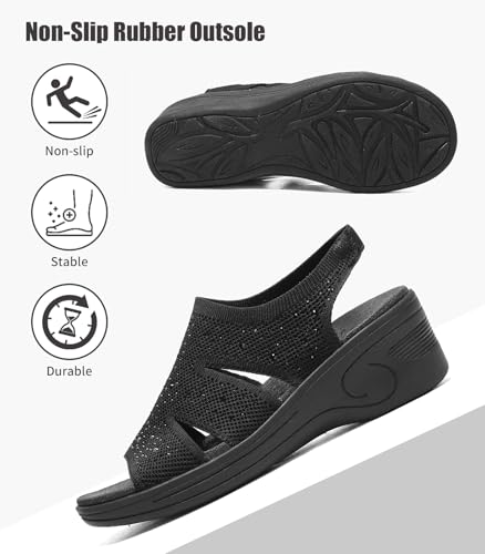 Image of Womens Wedge Sandals Platform Walking Sandals Open Toe Ankle Elastic Strap Casual Comfortable Summer Dressy