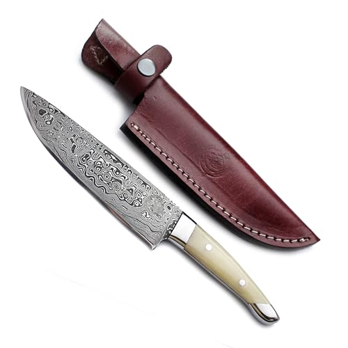 WolfKlinge Damascus Handmade Chif knives,Survival,Camping,Bushcraft and Fishing with Full Tang Camel Bone with Steel Bolsters Handle withCowHide-Leather Sheath WKD-812