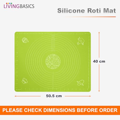 Image of LivingBasics 50x40 cm Silicone Roti Rolling Mat for Kitchen Non-Stick Chapati Dough Aata Kneading Mat with Measurement Guides /Food Grade Pad for Roti, Pizza, Paratha & Pastry (Green, Pack of 1)