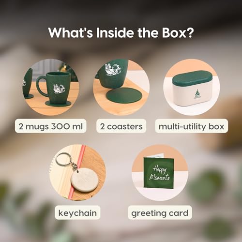 Image of Eha Earth-Friendly Christmas Gifts for Friends and Family | Secret Santa Gifts | Made with Rice Husk | Printed Christmas Mug and Coasters Set of 2, Keychain & Loopac Box | 300 ml | Fern