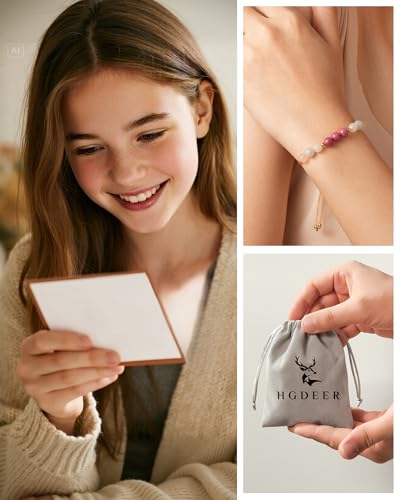 HGDEER Crystal Birthday Blessing Gifts for Girls - Natural Crystal Bracelet with Rose Quartz Aquamarine Moonstone Rhodonite - Adjustable 6mm Gemstone Jewelry with Blessing Card3
