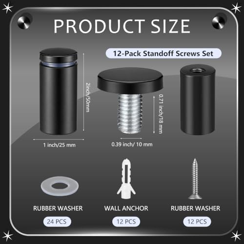 Image of Pelopy 12 Pcs Sign Standoff Screws Advertising Screws Stainless Steel Wall Standoff Mounts Glass Acrylic Nail (1 x 2 Inch,Black)
