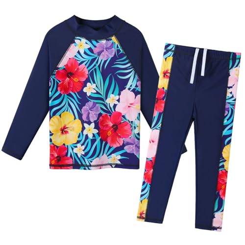 Image of Girls Two Piece Swimsuit Long Sleeve Floral Bathing Suit UPF 50+ Summer Beach Swimwear