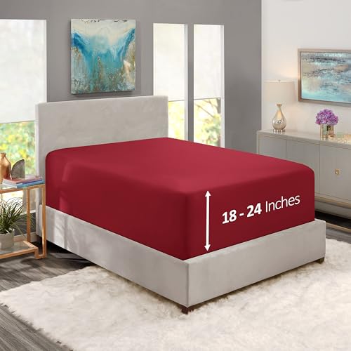 Image of Hearth & Harbor Extra Deep Pocket Twin XL Fitted Sheet - Fits 18 to 24 Inch Mattress - Ultra Soft 1800 Microfiber, Wrinkle-Free & Breathable - Hotel Luxury Fitted Sheet Only, Burgundy