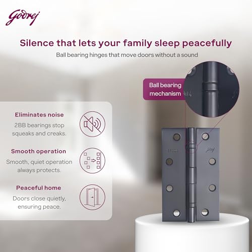Image of Godrej Door Fittings I Door Butt Ball Bearing Hinge 5 inch x 12 Gauge | Matte Black Finish I 2 Pcs I Heavy Duty SS304 125x75x2.5mm Door Hardware| Premium Kabza for Wooden Doors | 1 Yr Warranty