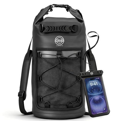 Image of STOVER 5 /10 /25 /30 /40L Waterproof Dry Bag & Phone Case - Large Floating Dry Backpack for Kayaking, Travel, Hiking, Fishing, Camping, Motorcycles & Beach, Heavy-Duty Roll Top Men /Women (Black)