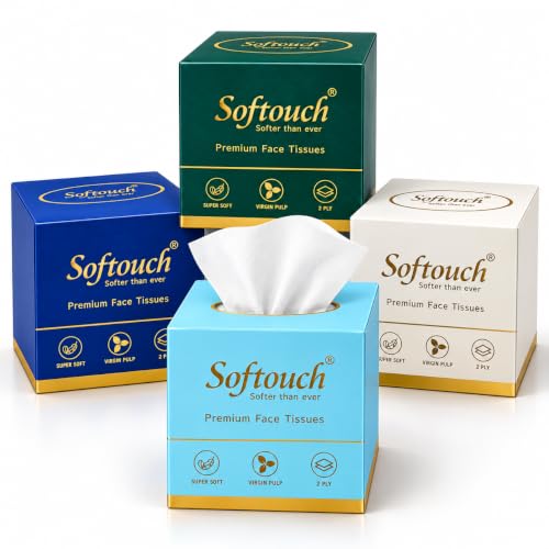 Image of Softouch 2 Ply Facial Tissue Box 100 Pulls Each Pack of 4 Pop-up /Cube Tissue Box Ultra Soft, Highly Absorbent & Skin Friendly Face Tissues Daily Use Tissue Papers 400 Pulls