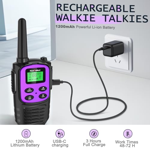 Image of MaxTalker Walkie Talkies Long Range, FRS Two Way Radio (2-Pack, Purple) | Rechargeable 1200mAh USB-C walkie talkie with NOAA, LED flashlight & VOX, Ideal for hiking, camping