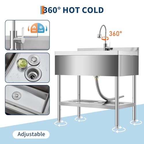 35 Inch Freestanding Stainless Steel Utility Sink with Pull-Out Faucet, Adjustable Height Laundry Tub with Hot & Cold Water, Basket, Shelf & Drain Kit for Kitchen, Garage, Outdoor, Basement
