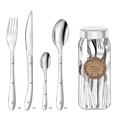 PRADEL ESSENTIEL – Cubertería de 24 cubiertos de mesa para 6 personas – Bistro 1-2-3 – Acero inoxidable 18/0, acabado estándar – Crema (grosor 1,5 mm)