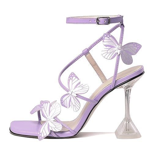 Esvowido Heeled Sandals for Women, Butterfly Ankle Strap Open Toe High Heels, Strappy Square Toe Clear Stiletto Spool Heels, Butterfly Sandals 4 Inches2