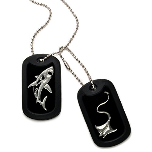Kriskate & Co. Engraved Great White Shark + Stingray Design Aluminum Dog Tag Necklace Made in USA 24 Inches