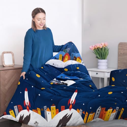 Image of Anjali Overseas 200 GSM 400 TC Kids Glace Cotton Reversible Cartoon Printed Double Bed King Size Comforter with Matching Bedsheet 90 * 100 with 2 Pillow Covers Set of 4 Pieces. Multi C