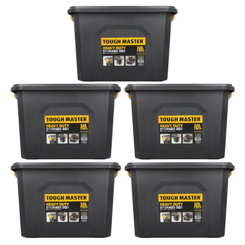 TOUGH MASTER Storage Boxes with Lids 18L Strong Tool Box Stackable for Home, Office & Workshop (Pack of 5)