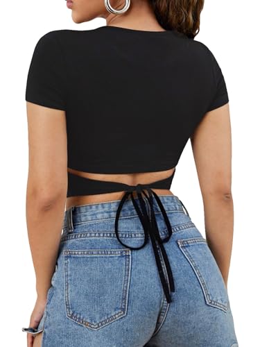 WDIRARA Women's Cut Out Tie Back Crop Tee Crew Neck Short Sleeve T Shirt Slim Fit Top Black Medium