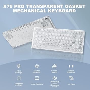 YUNZII X75 PRO 82 Keys Wireless Hot-Swap Support English Layout Mechanical Gaming Keyboard Transparent Keycap BT5.0/2.4G/USB-C Gasket Mounted Keyboard for Windows/Mac Technical Standards Certified