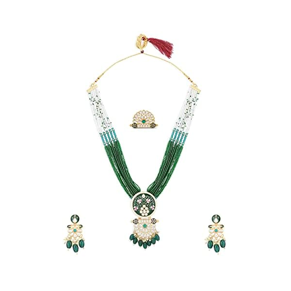 ZAVERI PEARLS Green Pink Meenakari Multistrand Beaded Long Kundan Necklace Earring & Ring Set For Women-ZPFK15624