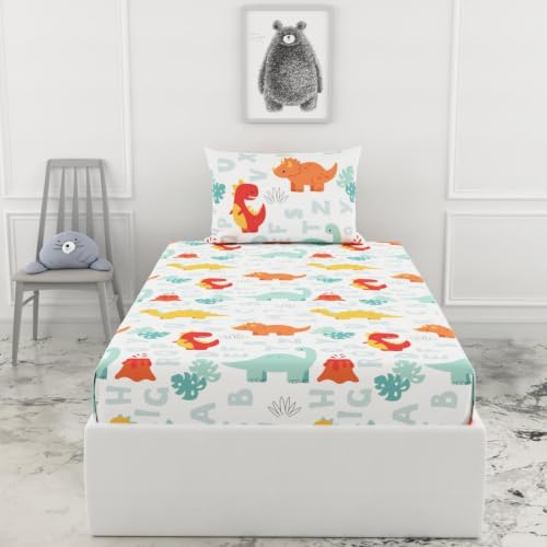 Image of LORETO - A QUALITY LINEN BRAND 144 TC 100% Pure Cotton Single Fitted Bedsheet with 1 Pillow Cover for 72 x 36 Inch Mattress, All-Around Elastic, 8 Inch Deep Pocket, Orange & Mint Alphabet Dino Play