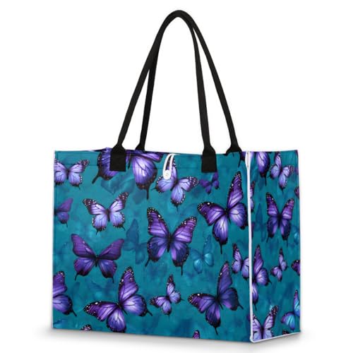 Purple Blue Butterflies Tote Bag for Women Large Beach Bag Reusable Tote Bags for Work Travel Beach Shopping