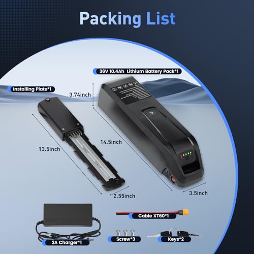 Image of Battery for Ebike 36V, 10.4Ah Lithium Pack with BMS for 0-1500W Motor, Indicator Light, Safe Lock, USB Port, XT60 Plug 4pin Replacement Battery