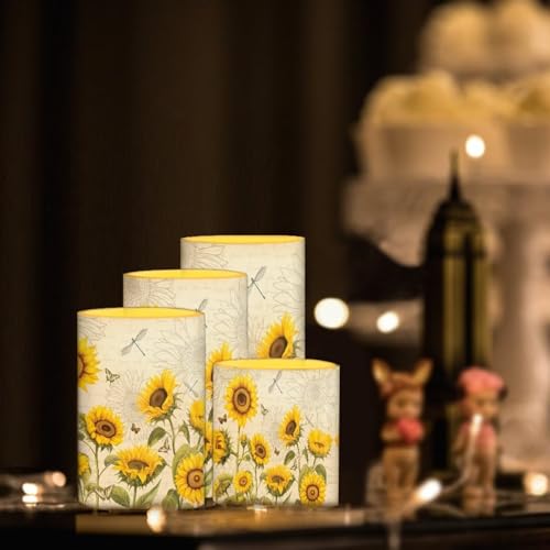 Image of Flameless LED Candles Electric Candle Set with Remote Timer Color Changing Control Long Lasting for Table Centerpiece Home Indoor Decoration Pack of 4, Sunflower Dragonfly Retro