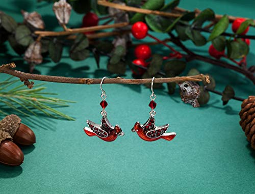 Fun Cardinal jewelry Red Bird Dangle Earrings Silver Plated Dangling Christmas Earrings Gifts Holiday Party Decorations with Message Card & Velvet Bag2