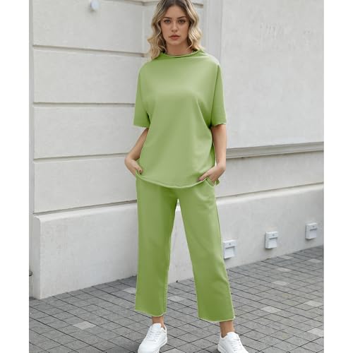 Image of SeeLuNa Women's Two Piece Outfits 3 /4 Batwing Sleeve Capelet Crew Neck Pullover Top Wide Leg Pants Lounge Set