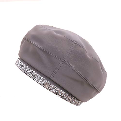 ASO-SLING Women's Warm Lined PU Leather Berets French Style Solid Color Painter Hat Comfy Cold Weather Artist Hats Gray